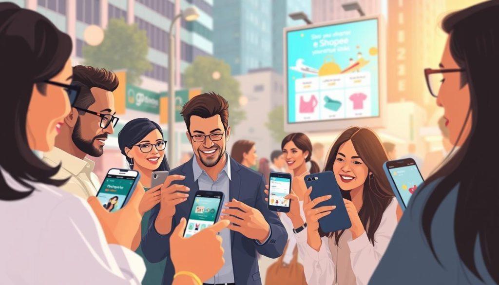 A digital illustration depicting a vibrant social media scene on the Threads platform, focusing on users sharing Shopee revenue links. In the foreground, a diverse group of individuals of various ethnicities, dressed in modern, professional attire, are engaged in discussion and sharing their smartphones with Shopee links visibly displayed on their screens. The middle ground features a visually appealing interface of the Threads app, with engaging visuals of revenue sharing posts and interactions. The background shows a lively urban setting with a digital billboard promoting e-commerce, symbolizing the buzz around online shopping. Soft, warm lighting creates an inviting atmosphere, with a slight bokeh effect on the background to emphasize the foreground subjects, conveying a sense of community and digital interactivity. A digital illustration depicting a vibrant social media scene on the Threads platform, focusing on users sharing Shopee revenue links. In the foreground, a diverse group of individuals of various ethnicities, dressed in modern, professional attire, are engaged in discussion and sharing their smartphones with Shopee links visibly displayed on their screens. The middle ground features a visually appealing interface of the Threads app, with engaging visuals of revenue sharing posts and interactions. The background shows a lively urban setting with a digital billboard promoting e-commerce, symbolizing the buzz around online shopping. Soft, warm lighting creates an inviting atmosphere, with a slight bokeh effect on the background to emphasize the foreground subjects, conveying a sense of community and digital interactivity.