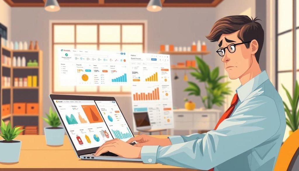 A digital illustration of a busy online shop interface, showing a frustrated shop owner analyzing their account on a laptop. In the foreground, the owner, dressed in professional business attire, looks puzzled while reviewing a series of colorful graphs and charts depicting sales data and order statistics. In the middle ground, various product listings are displayed on the laptop screen, emphasizing the lack of orders. The background features a modern office setup with shelves filled with products, a bright window letting in natural light, and a few plants for a calming atmosphere. The overall mood conveys concern but also hints at strategies for improvement, depicted through thoughtfully arranged elements. The lighting is warm and inviting, creating a conducive workspace feel. A digital illustration of a busy online shop interface, showing a frustrated shop owner analyzing their account on a laptop. In the foreground, the owner, dressed in professional business attire, looks puzzled while reviewing a series of colorful graphs and charts depicting sales data and order statistics. In the middle ground, various product listings are displayed on the laptop screen, emphasizing the lack of orders. The background features a modern office setup with shelves filled with products, a bright window letting in natural light, and a few plants for a calming atmosphere. The overall mood conveys concern but also hints at strategies for improvement, depicted through thoughtfully arranged elements. The lighting is warm and inviting, creating a conducive workspace feel.