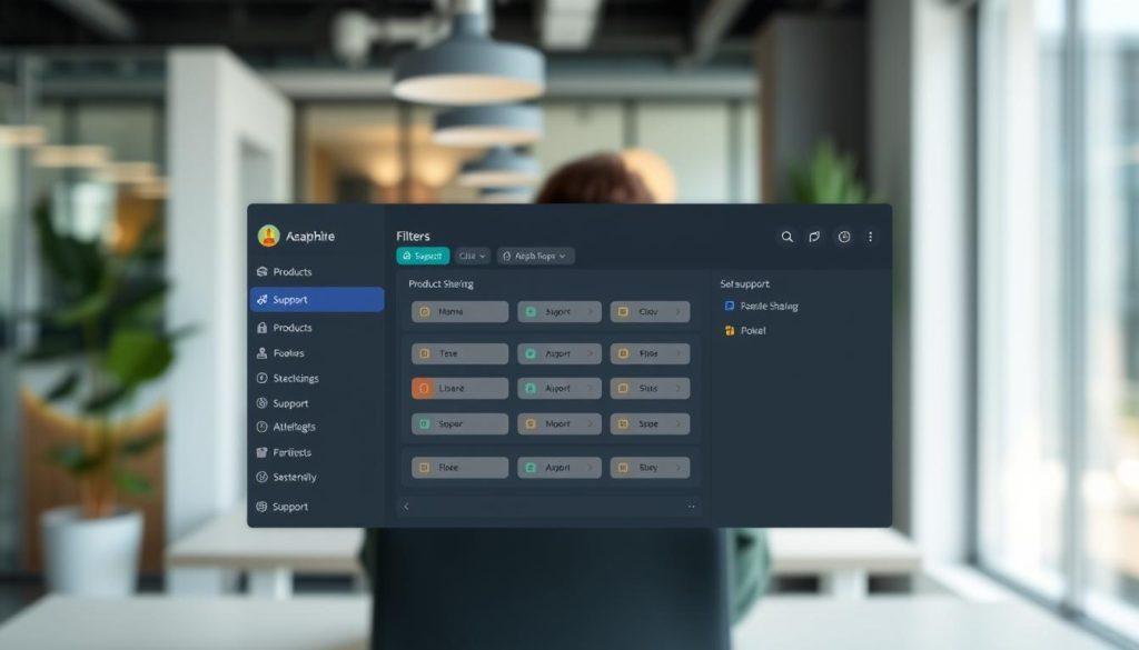 A digital interface of a product filtering function, inspired by the Shopee Alliance backend. In the foreground, a user-friendly dashboard displaying various filters such as product categories, price ranges, and support options for revenue sharing. In the middle, a clean layout with colorful icons and interactive buttons designed for easy navigation. The background features a blurred view of a modern office environment, with soft, diffused lighting to create a professional atmosphere. The scene is captured with a slight overhead angle to emphasize the interface and its features. The overall mood is focused and productive, showcasing the essential tools for selecting products that support revenue sharing, without any distractions or text overlays. A digital interface of a product filtering function, inspired by the Shopee Alliance backend. In the foreground, a user-friendly dashboard displaying various filters such as product categories, price ranges, and support options for revenue sharing. In the middle, a clean layout with colorful icons and interactive buttons designed for easy navigation. The background features a blurred view of a modern office environment, with soft, diffused lighting to create a professional atmosphere. The scene is captured with a slight overhead angle to emphasize the interface and its features. The overall mood is focused and productive, showcasing the essential tools for selecting products that support revenue sharing, without any distractions or text overlays.