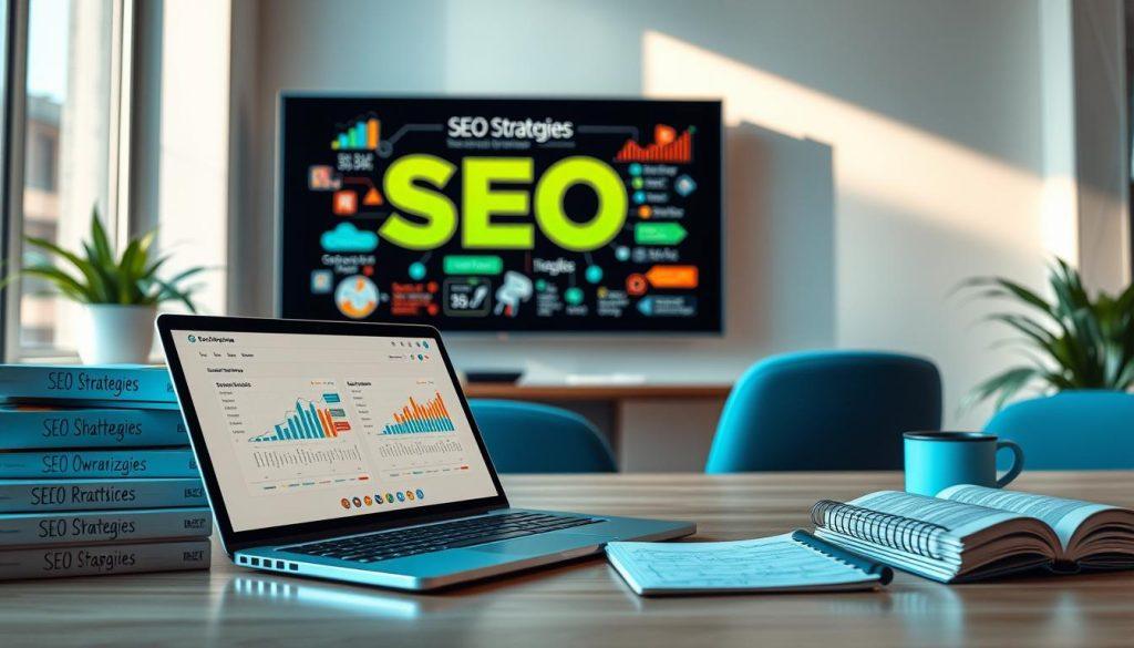 A digital workspace showcasing a vibrant, modern office environment, highlighting elements associated with SEO optimization specific to e-commerce, particularly Shopee. In the foreground, display a laptop with an open dashboard featuring analytics graphs and keywords related to SEO tactics. To the side, include a stack of books labeled "SEO Strategies" and a notepad filled with handwritten notes. The middle background features a large wall monitor displaying a colorful infographic about SEO best practices. Soft, natural light streams through a window, creating a productive, focused atmosphere. The color palette consists of blues and greens, evoking a sense of growth and innovation. The composition conveys a professional and engaging mood, ideal for illustrating a guide on optimizing SEO for online sales. A digital workspace showcasing a vibrant, modern office environment, highlighting elements associated with SEO optimization specific to e-commerce, particularly Shopee. In the foreground, display a laptop with an open dashboard featuring analytics graphs and keywords related to SEO tactics. To the side, include a stack of books labeled "SEO Strategies" and a notepad filled with handwritten notes. The middle background features a large wall monitor displaying a colorful infographic about SEO best practices. Soft, natural light streams through a window, creating a productive, focused atmosphere. The color palette consists of blues and greens, evoking a sense of growth and innovation. The composition conveys a professional and engaging mood, ideal for illustrating a guide on optimizing SEO for online sales.