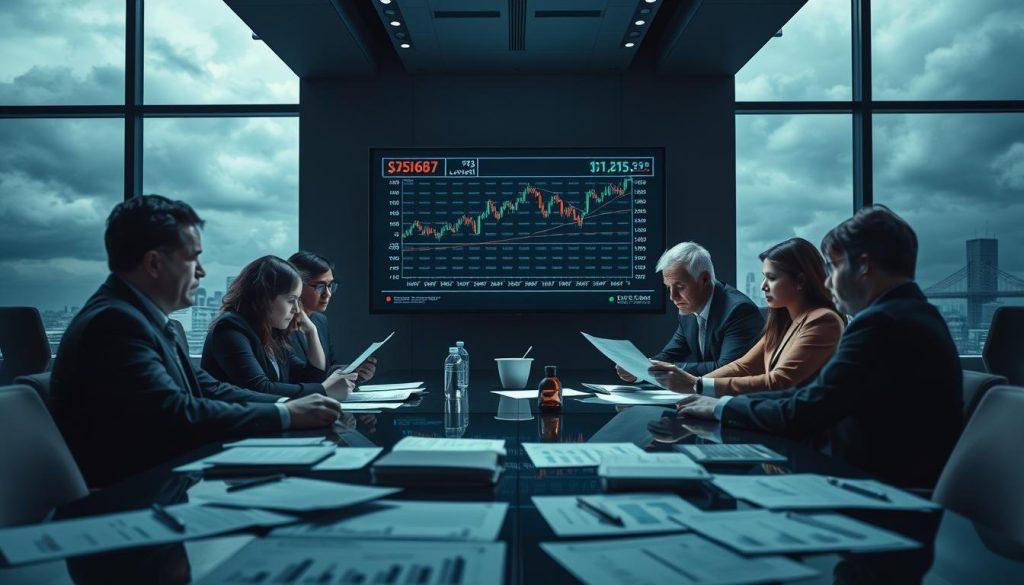 A dramatic and analytical scene depicting the financial turmoil behind a corporate downsizing, focusing on the concept of "mass layoffs" in a business environment. In the foreground, a diverse group of professionals in professional business attire is gathered around a conference table, analyzing financial documents and charts, looking concerned and focused. In the middle, a large digital screen displays fluctuating stock prices and graphs symbolizing financial crisis. The background shows a dimly lit office space with large windows revealing a cloudy sky, enhancing the mood of uncertainty. The lighting is moody yet deliberate, casting shadows that emphasize the gravity of the situation. The overall atmosphere is tense, reflecting the seriousness of the financial truth behind the layoffs. A dramatic and analytical scene depicting the financial turmoil behind a corporate downsizing, focusing on the concept of "mass layoffs" in a business environment. In the foreground, a diverse group of professionals in professional business attire is gathered around a conference table, analyzing financial documents and charts, looking concerned and focused. In the middle, a large digital screen displays fluctuating stock prices and graphs symbolizing financial crisis. The background shows a dimly lit office space with large windows revealing a cloudy sky, enhancing the mood of uncertainty. The lighting is moody yet deliberate, casting shadows that emphasize the gravity of the situation. The overall atmosphere is tense, reflecting the seriousness of the financial truth behind the layoffs.