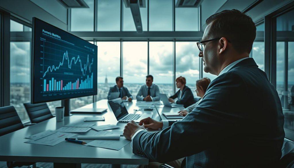 A dramatic office scene depicting a business analyst studying market data on a large screen. The foreground features a focused professional in business attire, examining graphs and charts that illustrate the decline of a popular e-commerce platform. In the middle ground, several colleagues attentively discuss the projections, surrounded by charts, laptops, and papers scattered across a sleek conference table. The background features a modern office setting with large windows showing a cloudy sky, hinting at uncertainty. The lighting is bright yet slightly dim, creating a serious and tense atmosphere as the team contemplates the potential shutdown of the platform. The angle captures an intimate view of the discussion, emphasizing the urgency of the market analysis without any text or distractions. A dramatic office scene depicting a business analyst studying market data on a large screen. The foreground features a focused professional in business attire, examining graphs and charts that illustrate the decline of a popular e-commerce platform. In the middle ground, several colleagues attentively discuss the projections, surrounded by charts, laptops, and papers scattered across a sleek conference table. The background features a modern office setting with large windows showing a cloudy sky, hinting at uncertainty. The lighting is bright yet slightly dim, creating a serious and tense atmosphere as the team contemplates the potential shutdown of the platform. The angle captures an intimate view of the discussion, emphasizing the urgency of the market analysis without any text or distractions.