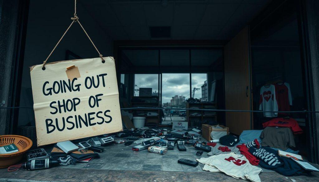 A dramatic scene depicting a former top Shopee seller’s storefront, now abandoned and in disarray. In the foreground, a broken sign hangs awkwardly from the entrance, reading “Going Out of Business.” The middle ground features scattered, unsold merchandise, such as unbranded gadgets and faded clothing, hinting at poor product selection. In the background, the storefront window reflects a cloudy sky, enhancing the somber mood with dim, overcast lighting. The overall atmosphere should convey a sense of loss and disappointment, focusing on the consequences of wrong business decisions. The composition should be framed using a slight upward angle to emphasize the height of the building, creating a feeling of overwhelming regret. A dramatic scene depicting a former top Shopee seller’s storefront, now abandoned and in disarray. In the foreground, a broken sign hangs awkwardly from the entrance, reading “Going Out of Business.” The middle ground features scattered, unsold merchandise, such as unbranded gadgets and faded clothing, hinting at poor product selection. In the background, the storefront window reflects a cloudy sky, enhancing the somber mood with dim, overcast lighting. The overall atmosphere should convey a sense of loss and disappointment, focusing on the consequences of wrong business decisions. The composition should be framed using a slight upward angle to emphasize the height of the building, creating a feeling of overwhelming regret.
