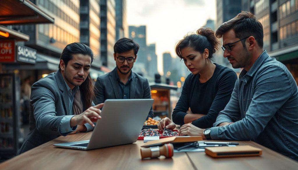 A dramatic scene depicting an urban marketplace, where a worried group of small business owners gather around a table discussing the uncertainty of their future on the e-commerce platform. In the foreground, a man in a professional business attire gestures towards his laptop displaying declining sales graphs, while a woman beside him, dressed in modest casual clothing, looks contemplative. In the middle, a mix of various small stalls represents the diverse range of products offered by these sellers. The background features an urban skyline with dimming lights as dusk approaches, casting a somber mood. Soft, natural lighting highlights the expressions of concern on the business owners' faces, emphasizing the tension of their situation. The angle captures the intensity of their discussion, creating an atmosphere of urgency and dilemma around the viability of their businesses. A dramatic scene depicting an urban marketplace, where a worried group of small business owners gather around a table discussing the uncertainty of their future on the e-commerce platform. In the foreground, a man in a professional business attire gestures towards his laptop displaying declining sales graphs, while a woman beside him, dressed in modest casual clothing, looks contemplative. In the middle, a mix of various small stalls represents the diverse range of products offered by these sellers. The background features an urban skyline with dimming lights as dusk approaches, casting a somber mood. Soft, natural lighting highlights the expressions of concern on the business owners' faces, emphasizing the tension of their situation. The angle captures the intensity of their discussion, creating an atmosphere of urgency and dilemma around the viability of their businesses.