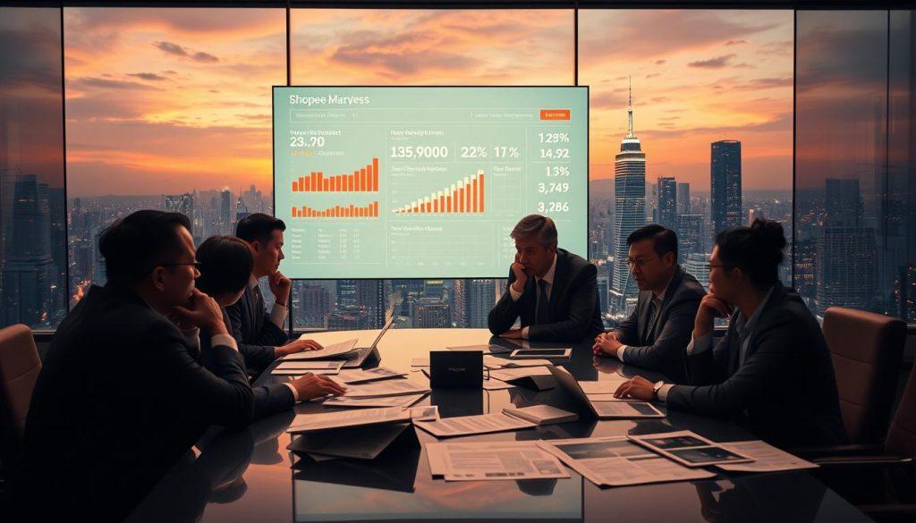 A dramatic scene depicting the tension around market rumors concerning Shopee's potential exit from Taiwan. In the foreground, a group of concerned business professionals, dressed in formal business attire, are engaged in an intense discussion, with expressions of worry and contemplation. The middle layer shows a large digital screen displaying key statistics and trends of e-commerce in Taiwan, while papers and charts are strewn across a sleek conference table. In the background, a bustling city skyline at twilight reflects the economic heartbeat of Taiwan, with soft lights illuminating the buildings. The atmosphere is charged with uncertainty, emphasized by warm, dim lighting that creates a serious mood. The angle is slightly elevated, capturing both the discussions and the digital screen, symbolizing the clash between rumors and reality. A dramatic scene depicting the tension around market rumors concerning Shopee's potential exit from Taiwan. In the foreground, a group of concerned business professionals, dressed in formal business attire, are engaged in an intense discussion, with expressions of worry and contemplation. The middle layer shows a large digital screen displaying key statistics and trends of e-commerce in Taiwan, while papers and charts are strewn across a sleek conference table. In the background, a bustling city skyline at twilight reflects the economic heartbeat of Taiwan, with soft lights illuminating the buildings. The atmosphere is charged with uncertainty, emphasized by warm, dim lighting that creates a serious mood. The angle is slightly elevated, capturing both the discussions and the digital screen, symbolizing the clash between rumors and reality.