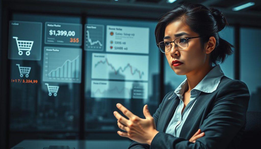 A dramatic scene illustrating the operational crisis of Shopee, focusing on a stylized, modern office environment. In the foreground, a concerned businesswoman in professional attire is intently analyzing financial graphs displayed on a digital screen, her expression reflecting urgency and contemplation. In the middle ground, fragmented images of shopping carts, sales decline indicators, and customer reviews hint at the platform's struggles. The background features blurred silhouettes of city skyscrapers, symbolizing the vast e-commerce landscape and its challenges. The lighting is dim with sharp contrasts, creating a tense atmosphere, while a shallow depth of field draws attention to the businesswoman's focused demeanor. An overall cool color palette enhances the serious tone of the situation. A dramatic scene illustrating the operational crisis of Shopee, focusing on a stylized, modern office environment. In the foreground, a concerned businesswoman in professional attire is intently analyzing financial graphs displayed on a digital screen, her expression reflecting urgency and contemplation. In the middle ground, fragmented images of shopping carts, sales decline indicators, and customer reviews hint at the platform's struggles. The background features blurred silhouettes of city skyscrapers, symbolizing the vast e-commerce landscape and its challenges. The lighting is dim with sharp contrasts, creating a tense atmosphere, while a shallow depth of field draws attention to the businesswoman's focused demeanor. An overall cool color palette enhances the serious tone of the situation.