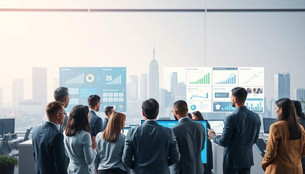 A dynamic and visually engaging representation of the e-commerce competitive landscape undergoing transformation. In the foreground, a diverse group of professionals in business attire work collaboratively around a large digital display, analyzing market trends and competition. In the middle ground, a bustling office environment with multiple screens showcasing various e-commerce platforms, including charts and graphs illustrating market shifts. The background features a stylized skyline of a modern city, symbolizing growth and change in the digital economy. The scene is illuminated with soft, directional lighting, creating a professional and focused atmosphere. The composition conveys a sense of innovation, competition, and the evolving nature of online marketplaces. A dynamic and visually engaging representation of the e-commerce competitive landscape undergoing transformation. In the foreground, a diverse group of professionals in business attire work collaboratively around a large digital display, analyzing market trends and competition. In the middle ground, a bustling office environment with multiple screens showcasing various e-commerce platforms, including charts and graphs illustrating market shifts. The background features a stylized skyline of a modern city, symbolizing growth and change in the digital economy. The scene is illuminated with soft, directional lighting, creating a professional and focused atmosphere. The composition conveys a sense of innovation, competition, and the evolving nature of online marketplaces.