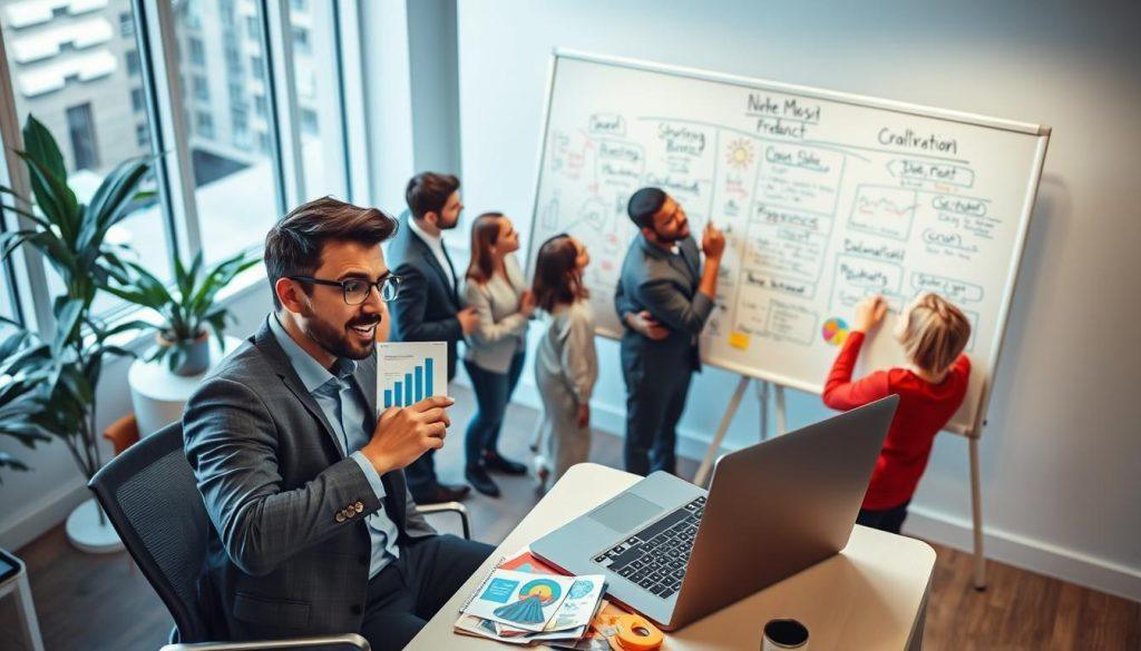 A dynamic and visually engaging scene illustrating the strategy for building a personal brand related to "Shopee Profit Sharing." In the foreground, a confident business professional in smart casual attire sits at a modern desk, analyzing charts and social media metrics on a laptop, surrounded by colorful, visually appealing product samples. In the middle ground, diverse professionals are brainstorming ideas on a whiteboard filled with notes and diagrams focusing on niche content creation strategies. The background features a bright, modern office space with large windows letting in natural light, fostering an optimistic atmosphere. Use a high-angle perspective to emphasize collaboration and creativity among team members, while maintaining a motivational and innovative mood throughout the composition. A dynamic and visually engaging scene illustrating the strategy for building a personal brand related to "Shopee Profit Sharing." In the foreground, a confident business professional in smart casual attire sits at a modern desk, analyzing charts and social media metrics on a laptop, surrounded by colorful, visually appealing product samples. In the middle ground, diverse professionals are brainstorming ideas on a whiteboard filled with notes and diagrams focusing on niche content creation strategies. The background features a bright, modern office space with large windows letting in natural light, fostering an optimistic atmosphere. Use a high-angle perspective to emphasize collaboration and creativity among team members, while maintaining a motivational and innovative mood throughout the composition.