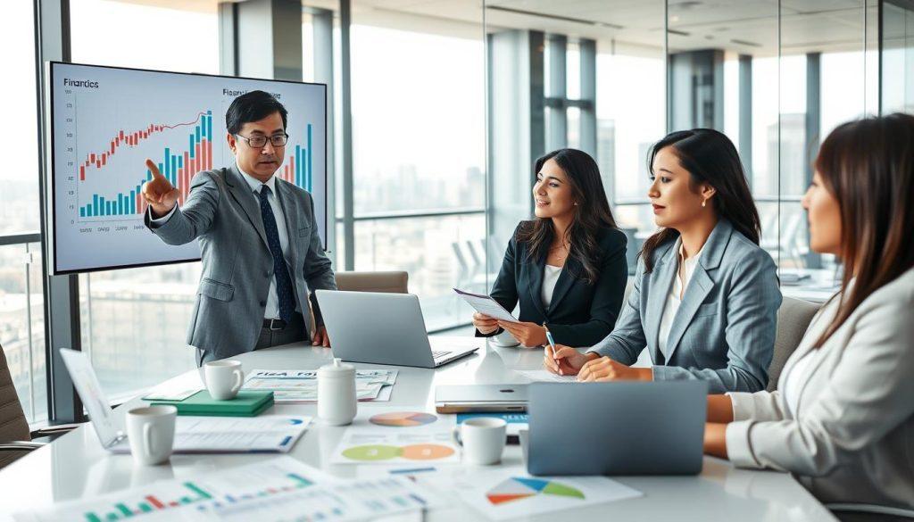 A dynamic business meeting scene focused on analyzing financial reports, showcasing a diverse group of professionals in business attire. In the foreground, a middle-aged Asian male analyst points to a chart on a large screen displaying fiscal data, while a South Asian female analyst takes notes. In the middle, a conference table filled with colorful financial documents, laptops, and coffee cups indicates an active discussion. The background shows a modern office with glass walls and a city skyline visible through the windows, suggesting a bustling environment. The lighting is bright and professional, creating a sense of optimism and urgency. The atmosphere conveys collaboration and critical analysis, highlighting the health of a company's finances without any text or distractions. A dynamic business meeting scene focused on analyzing financial reports, showcasing a diverse group of professionals in business attire. In the foreground, a middle-aged Asian male analyst points to a chart on a large screen displaying fiscal data, while a South Asian female analyst takes notes. In the middle, a conference table filled with colorful financial documents, laptops, and coffee cups indicates an active discussion. The background shows a modern office with glass walls and a city skyline visible through the windows, suggesting a bustling environment. The lighting is bright and professional, creating a sense of optimism and urgency. The atmosphere conveys collaboration and critical analysis, highlighting the health of a company's finances without any text or distractions.