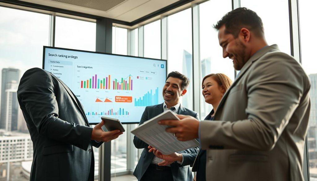 A dynamic business meeting scene set in a modern office environment. In the foreground, a group of three professionals in business attire are analyzing charts and graphs on a digital tablet, symbolizing pricing strategies and competitive analysis. The middle ground features a large screen displaying colorful data visualizations and a search algorithm flowchart, reflecting Shopee’s search ranking strategies. In the background, a sleek city skyline can be seen through floor-to-ceiling windows, enhancing the modern business atmosphere. Soft, natural light pours in, creating an optimistic and focused mood. The perspective is slightly angled, highlighting the interaction among team members while emphasizing the importance of data-driven decision-making in pricing competitiveness. A dynamic business meeting scene set in a modern office environment. In the foreground, a group of three professionals in business attire are analyzing charts and graphs on a digital tablet, symbolizing pricing strategies and competitive analysis. The middle ground features a large screen displaying colorful data visualizations and a search algorithm flowchart, reflecting Shopee’s search ranking strategies. In the background, a sleek city skyline can be seen through floor-to-ceiling windows, enhancing the modern business atmosphere. Soft, natural light pours in, creating an optimistic and focused mood. The perspective is slightly angled, highlighting the interaction among team members while emphasizing the importance of data-driven decision-making in pricing competitiveness.