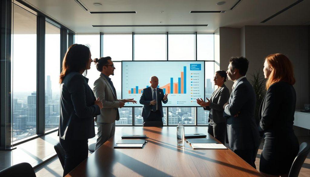 A dynamic business meeting scene taking place in a modern office with large windows overlooking a city skyline. In the foreground, a diverse group of three professionals, dressed in smart business attire, are engaged in an intense discussion about market challenges and competition strategies. The middle ground features a large digital screen displaying graphs and charts representing market saturation, highlighting key challenges visually. The background showcases a sleek, upscale office environment with minimalistic decor and natural lighting coming from the windows, casting soft shadows. The atmosphere is focused and strategic, emphasizing collaboration and innovative thinking in a competitive market. The colors are sharp and professional, creating a sense of urgency and determination. A dynamic business meeting scene taking place in a modern office with large windows overlooking a city skyline. In the foreground, a diverse group of three professionals, dressed in smart business attire, are engaged in an intense discussion about market challenges and competition strategies. The middle ground features a large digital screen displaying graphs and charts representing market saturation, highlighting key challenges visually. The background showcases a sleek, upscale office environment with minimalistic decor and natural lighting coming from the windows, casting soft shadows. The atmosphere is focused and strategic, emphasizing collaboration and innovative thinking in a competitive market. The colors are sharp and professional, creating a sense of urgency and determination.