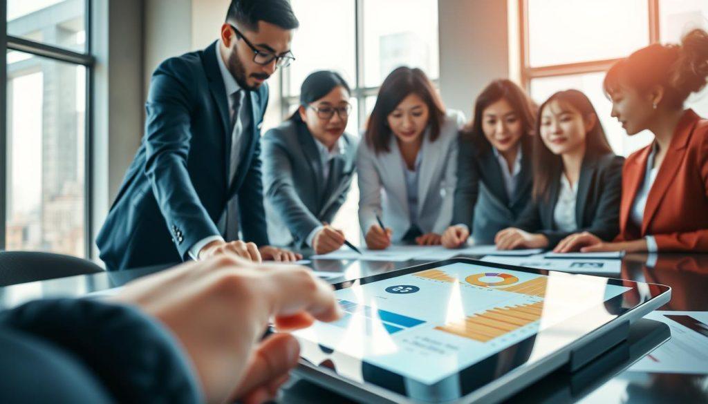 A dynamic business scene illustrating the analysis of Shopee's revenue influencers in Taiwan, featuring a team of diverse professionals dressed in business attire, collaborating around a large table filled with charts and graphs. In the foreground, a close-up view of a digital tablet displaying logistics data and sales statistics, conveying a sense of focus and analysis. The middle ground shows team members engaged in discussion, with expressions of concentration and determination. The background includes a modern office setting with large windows that allow soft, natural light to flood the space, creating a warm, inspiring atmosphere. The overall mood is analytical and proactive, emphasizing the importance of consumer behavior and logistics services in driving revenue growth. A dynamic business scene illustrating the analysis of Shopee's revenue influencers in Taiwan, featuring a team of diverse professionals dressed in business attire, collaborating around a large table filled with charts and graphs. In the foreground, a close-up view of a digital tablet displaying logistics data and sales statistics, conveying a sense of focus and analysis. The middle ground shows team members engaged in discussion, with expressions of concentration and determination. The background includes a modern office setting with large windows that allow soft, natural light to flood the space, creating a warm, inspiring atmosphere. The overall mood is analytical and proactive, emphasizing the importance of consumer behavior and logistics services in driving revenue growth.
