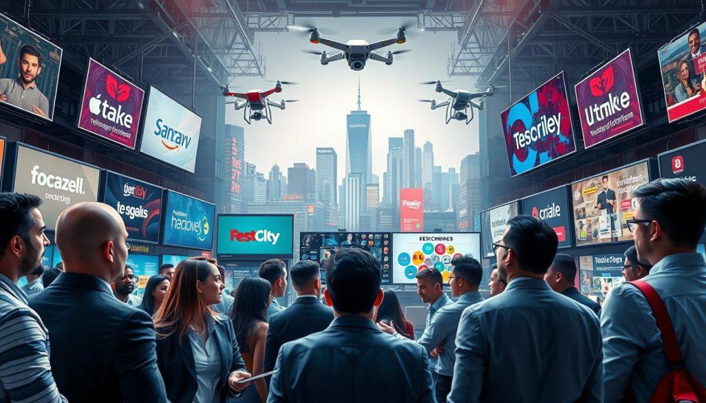 A dynamic, bustling digital marketplace scene depicting a fierce competition among e-commerce platforms. In the foreground, a diverse group of small business owners, dressed in professional business attire, engage discussing strategies. In the middle ground, multiple screens showcase various e-commerce platforms, their logos prominently displayed while showcasing active sales and promotions. In the background, a subtle representation of a city skyline symbolizes the growing market, with hints of technology, like drones delivering packages and digital advertisements illuminating the scene. The lighting is bright and energetic, emphasizing the competitive atmosphere. The overall mood is intense yet hopeful, capturing the challenges and resilience of small sellers in a rapidly evolving market. A dynamic, bustling digital marketplace scene depicting a fierce competition among e-commerce platforms. In the foreground, a diverse group of small business owners, dressed in professional business attire, engage discussing strategies. In the middle ground, multiple screens showcase various e-commerce platforms, their logos prominently displayed while showcasing active sales and promotions. In the background, a subtle representation of a city skyline symbolizes the growing market, with hints of technology, like drones delivering packages and digital advertisements illuminating the scene. The lighting is bright and energetic, emphasizing the competitive atmosphere. The overall mood is intense yet hopeful, capturing the challenges and resilience of small sellers in a rapidly evolving market.