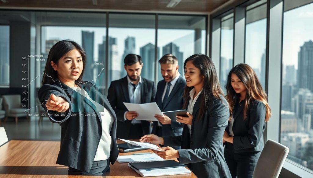 A dynamic corporate meeting scene set in a modern office environment, depicting a diverse group of professionals in business attire engaged in a discussion about logistics and market strategies. In the foreground, a focused Asian woman gestures towards a digital chart showing declining trends in subsidies and logistics policies, creating a sense of urgency. The middle ground features several colleagues, including a middle-aged Caucasian man and a young Black woman, analyzing documents and discussing impacts on the market. The background reveals a sleek city skyline through large windows, under natural light that emphasizes a serious yet collaborative atmosphere. The image conveys tension and determination as they navigate operational adjustments and their market implications. A dynamic corporate meeting scene set in a modern office environment, depicting a diverse group of professionals in business attire engaged in a discussion about logistics and market strategies. In the foreground, a focused Asian woman gestures towards a digital chart showing declining trends in subsidies and logistics policies, creating a sense of urgency. The middle ground features several colleagues, including a middle-aged Caucasian man and a young Black woman, analyzing documents and discussing impacts on the market. The background reveals a sleek city skyline through large windows, under natural light that emphasizes a serious yet collaborative atmosphere. The image conveys tension and determination as they navigate operational adjustments and their market implications.