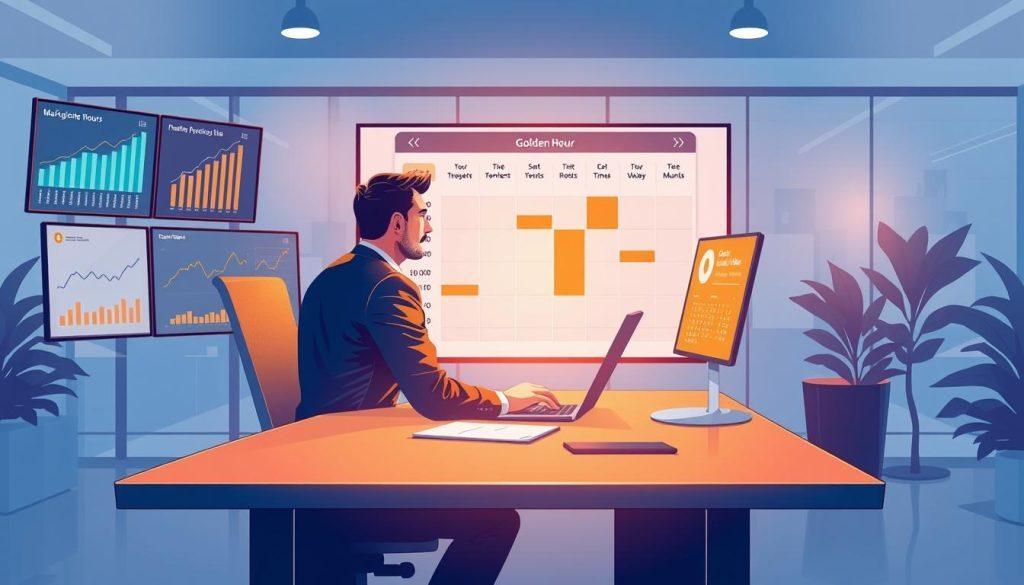 A dynamic, detailed illustration depicting the analysis of promotional scheduling for a marketing campaign, focusing on a 'golden hour' concept. In the foreground, a professional sitting at a sleek desk, engaged in analysis, surrounded by multiple screens displaying graphs and data charts illustrating peak promotional times. The middle ground features a digital representation of a calendar with color-coded segments highlighting strategic timing decisions. The background showcases a modern office environment with soft lighting, emphasizing a productive atmosphere. The overall mood is focused and innovative, with a sense of urgency reflected in the energetic color palette of blues and oranges. The composition should be clean and professional, conveying insights into promotional strategies effectively, while maintaining a polished visual aesthetic. A dynamic, detailed illustration depicting the analysis of promotional scheduling for a marketing campaign, focusing on a 'golden hour' concept. In the foreground, a professional sitting at a sleek desk, engaged in analysis, surrounded by multiple screens displaying graphs and data charts illustrating peak promotional times. The middle ground features a digital representation of a calendar with color-coded segments highlighting strategic timing decisions. The background showcases a modern office environment with soft lighting, emphasizing a productive atmosphere. The overall mood is focused and innovative, with a sense of urgency reflected in the energetic color palette of blues and oranges. The composition should be clean and professional, conveying insights into promotional strategies effectively, while maintaining a polished visual aesthetic.