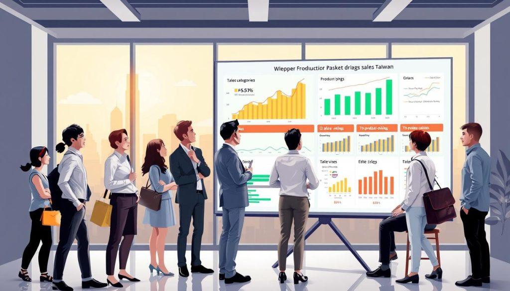 A dynamic, informative illustration showcasing the sales ranking analysis of popular product categories on Shopee in Taiwan. In the foreground, a diverse group of business professionals dressed in smart casual attire, engaged in discussions around a large digital display with visually appealing graphs and charts, highlighting sales trends and top product categories. In the middle ground, a modern office setting with large windows allowing natural light to filter in, enhancing the clarity of the graphs. The background features silhouettes of Taipei's skyline, symbolizing the local market. The mood is analytical and optimistic, capturing the essence of market growth potential, with a focus on collaboration and insight sharing. Bright colors and clean lines emphasize clarity and professionalism. A dynamic, informative illustration showcasing the sales ranking analysis of popular product categories on Shopee in Taiwan. In the foreground, a diverse group of business professionals dressed in smart casual attire, engaged in discussions around a large digital display with visually appealing graphs and charts, highlighting sales trends and top product categories. In the middle ground, a modern office setting with large windows allowing natural light to filter in, enhancing the clarity of the graphs. The background features silhouettes of Taipei's skyline, symbolizing the local market. The mood is analytical and optimistic, capturing the essence of market growth potential, with a focus on collaboration and insight sharing. Bright colors and clean lines emphasize clarity and professionalism.