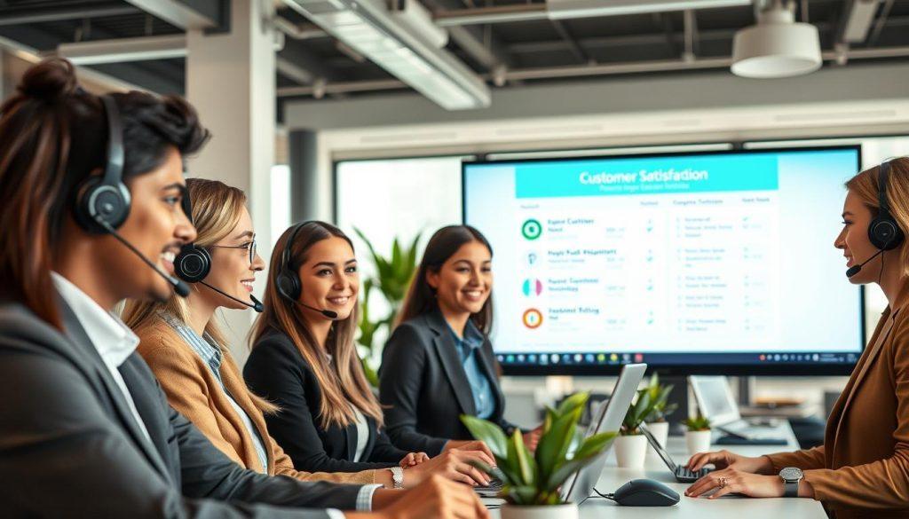 A dynamic office environment showcasing a customer service team in action, emphasizing quality and professionalism. In the foreground, a diverse group of customer service representatives, dressed in smart business attire, engage positively with clients over headsets. The middle ground features a large screen displaying customer satisfaction metrics and feedback. In the background, the office is bright with natural light filtering through large windows, plants adding a touch of greenery, and an organized workspace. The atmosphere is focused and upbeat, conveying a sense of teamwork and dedication to improving customer experiences, highlighting the importance of high service quality in preventing negative reviews. The overall mood is hopeful and proactive, inviting viewers to engage in the subject of customer service excellence. A dynamic office environment showcasing a customer service team in action, emphasizing quality and professionalism. In the foreground, a diverse group of customer service representatives, dressed in smart business attire, engage positively with clients over headsets. The middle ground features a large screen displaying customer satisfaction metrics and feedback. In the background, the office is bright with natural light filtering through large windows, plants adding a touch of greenery, and an organized workspace. The atmosphere is focused and upbeat, conveying a sense of teamwork and dedication to improving customer experiences, highlighting the importance of high service quality in preventing negative reviews. The overall mood is hopeful and proactive, inviting viewers to engage in the subject of customer service excellence.