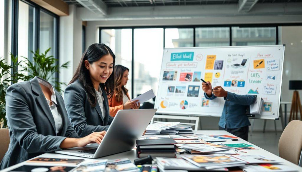 A dynamic office environment where a diverse group of professionals collaborates on digital marketing materials for a big promotion. In the foreground, a young Asian woman in smart business attire types on a laptop with focus and determination. To her right, a man of African descent sketches out marketing ideas on a whiteboard adorned with colorful graphics, showcasing creativity. The middle ground features a table cluttered with promotional items like flyers, product images, and vibrant graphics. The background shows a well-lit office with large windows, letting in soft natural light, creating an uplifting atmosphere. The overall mood is energetic and collaborative, emphasizing the importance of preparing engaging promotional content for a major campaign. A dynamic office environment where a diverse group of professionals collaborates on digital marketing materials for a big promotion. In the foreground, a young Asian woman in smart business attire types on a laptop with focus and determination. To her right, a man of African descent sketches out marketing ideas on a whiteboard adorned with colorful graphics, showcasing creativity. The middle ground features a table cluttered with promotional items like flyers, product images, and vibrant graphics. The background shows a well-lit office with large windows, letting in soft natural light, creating an uplifting atmosphere. The overall mood is energetic and collaborative, emphasizing the importance of preparing engaging promotional content for a major campaign.