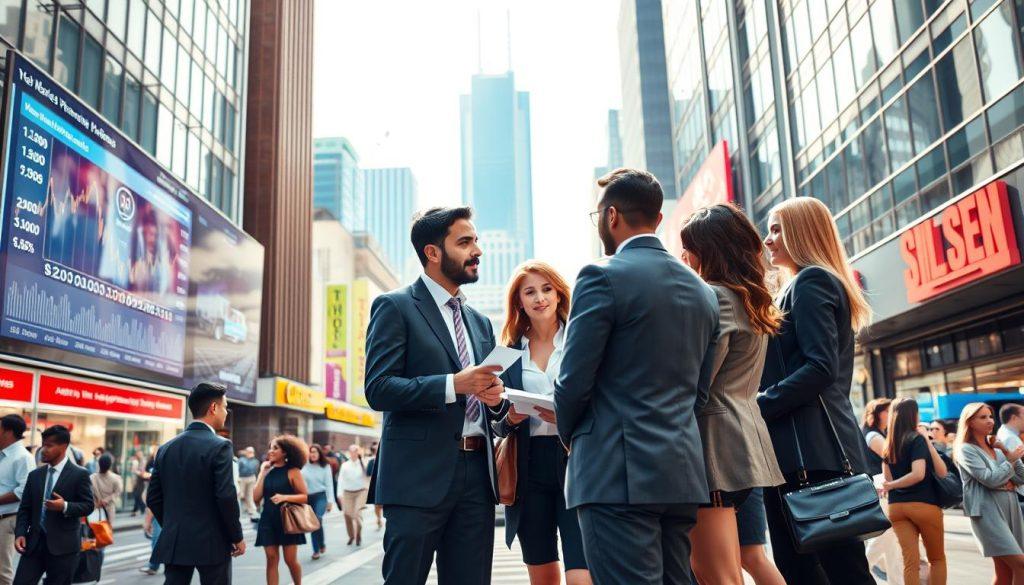 A dynamic scene depicting the evolution of market trends, featuring a bustling urban environment that showcases diverse professionals engaged in collaborative work. In the foreground, a diverse group of businesspeople in smart attire discusses ideas around a digital screen displaying fluctuating graphs and analytics, emphasizing adaptability and innovation. The middle ground reveals a lively street with modern architecture, symbolizing growth, while diverse consumers interact, reflecting changing expectations. The background includes a skyline with skyscrapers, under a bright sky, indicating optimism and progress. Use soft, natural lighting to enhance the professionalism of the scene, capturing an atmosphere of collaboration and forward-thinking. Aim for a slightly elevated angle to encompass both the detail of the group and the expansive cityscape, creating a sense of depth and movement. A dynamic scene depicting the evolution of market trends, featuring a bustling urban environment that showcases diverse professionals engaged in collaborative work. In the foreground, a diverse group of businesspeople in smart attire discusses ideas around a digital screen displaying fluctuating graphs and analytics, emphasizing adaptability and innovation. The middle ground reveals a lively street with modern architecture, symbolizing growth, while diverse consumers interact, reflecting changing expectations. The background includes a skyline with skyscrapers, under a bright sky, indicating optimism and progress. Use soft, natural lighting to enhance the professionalism of the scene, capturing an atmosphere of collaboration and forward-thinking. Aim for a slightly elevated angle to encompass both the detail of the group and the expansive cityscape, creating a sense of depth and movement.