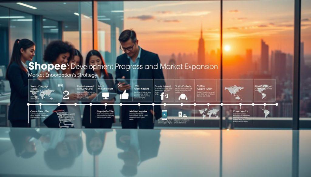 A dynamic visual representation illustrating "Shopee's Development Progress and Market Expansion Strategy." In the foreground, showcase a modern office environment with diverse professionals in business attire collaborating over digital devices, symbolizing teamwork and innovation. The middle ground should feature a detailed timeline that highlights key milestones in Shopee's growth, integrated with iconic visuals such as shopping carts, mobile apps, and maps indicating market regions. In the background, a vibrant city skyline represents the global reach of the platform, bathed in warm sunset lighting to evoke a sense of optimism and opportunity. Use a wide lens to capture the scene, providing depth and encouraging engagement with the content, all while maintaining a professional, sleek atmosphere. A dynamic visual representation illustrating "Shopee's Development Progress and Market Expansion Strategy." In the foreground, showcase a modern office environment with diverse professionals in business attire collaborating over digital devices, symbolizing teamwork and innovation. The middle ground should feature a detailed timeline that highlights key milestones in Shopee's growth, integrated with iconic visuals such as shopping carts, mobile apps, and maps indicating market regions. In the background, a vibrant city skyline represents the global reach of the platform, bathed in warm sunset lighting to evoke a sense of optimism and opportunity. Use a wide lens to capture the scene, providing depth and encouraging engagement with the content, all while maintaining a professional, sleek atmosphere.