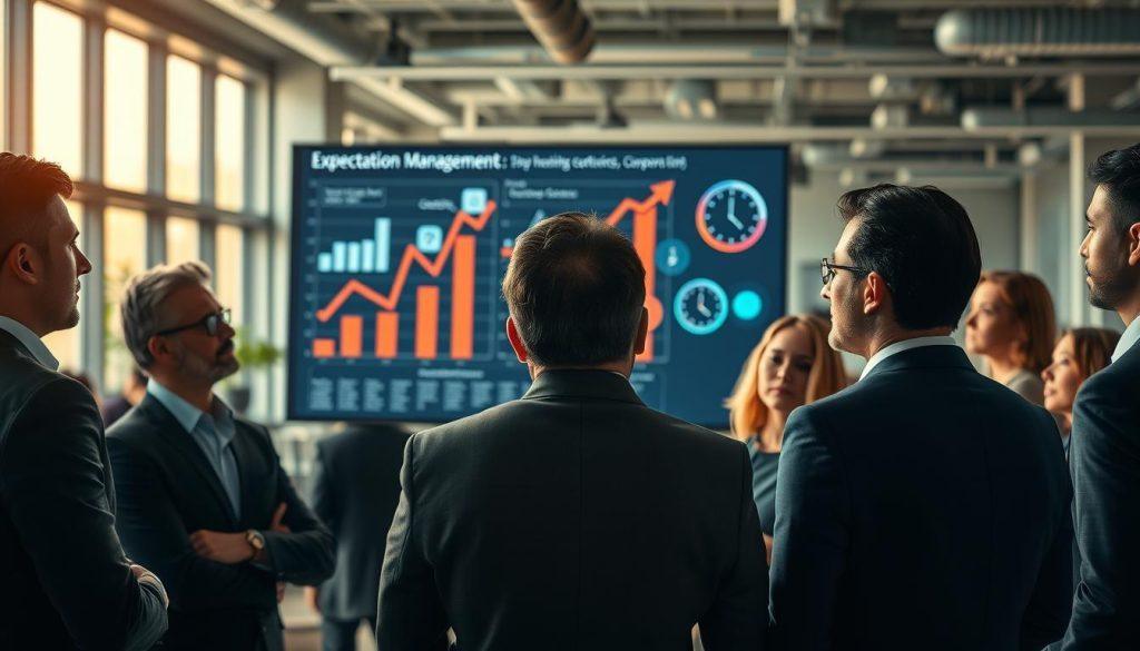 A focused business environment illustrating "Expectation Management." In the foreground, a diverse group of professionals in business attire engage in a thoughtful discussion, each expressing various emotions such as curiosity and contemplation. The middle ground shows a large digital screen displaying rising and falling metrics and icons symbolizing expectations, like clocks and checkmarks. In the background, soft-focus silhouettes of a bustling office space with modern decor, large windows letting in natural light, casting warm tones. The atmosphere is serious yet constructive, conveying the importance of managing expectations effectively, with a subtle hint of tension in the air. The composition should be well-lit, with a wide-angle lens to capture the dynamics of this critical conversation. A focused business environment illustrating "Expectation Management." In the foreground, a diverse group of professionals in business attire engage in a thoughtful discussion, each expressing various emotions such as curiosity and contemplation. The middle ground shows a large digital screen displaying rising and falling metrics and icons symbolizing expectations, like clocks and checkmarks. In the background, soft-focus silhouettes of a bustling office space with modern decor, large windows letting in natural light, casting warm tones. The atmosphere is serious yet constructive, conveying the importance of managing expectations effectively, with a subtle hint of tension in the air. The composition should be well-lit, with a wide-angle lens to capture the dynamics of this critical conversation.