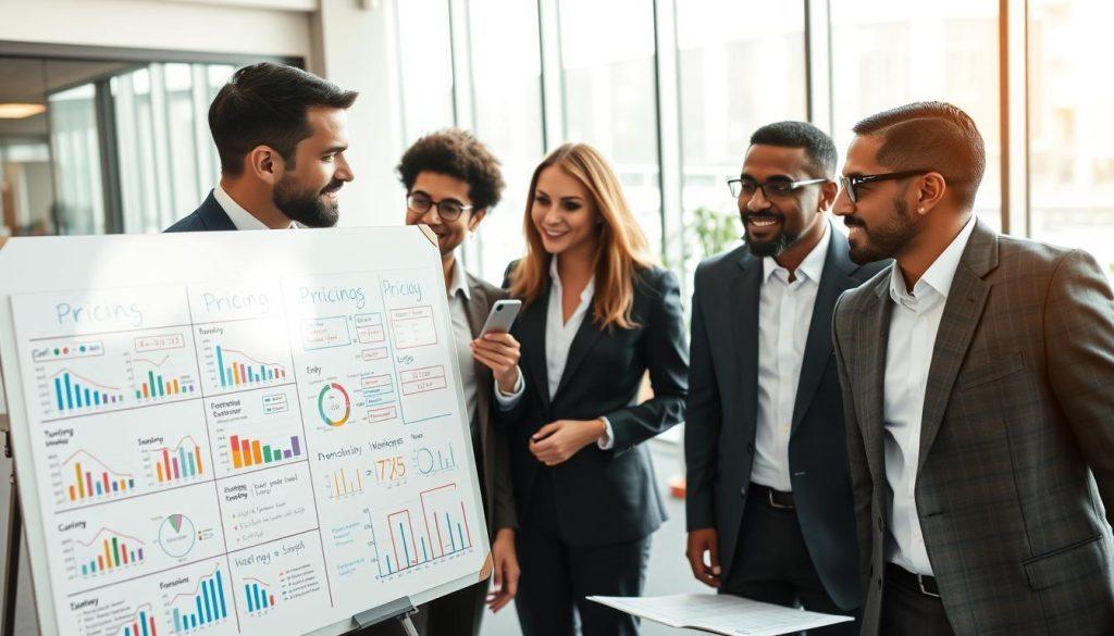 A focused business meeting scene featuring a diverse group of four professionals in smart business attire, discussing promotional pricing strategies. In the foreground, a detailed whiteboard filled with colorful charts, graphs, and formulas related to pricing adjustments. The middle ground showcases the professionals engaged in lively discussion, with facial expressions conveying concentration and collaboration. In the background, a modern office environment with large windows letting in natural light, creating a bright and energetic atmosphere. The scene is captured with a slight tilt-angle from above, highlighting the vibrant mood of teamwork and strategic planning. Aim for a warm, inspiring ambiance that represents innovation and growth within a dynamic business context. A focused business meeting scene featuring a diverse group of four professionals in smart business attire, discussing promotional pricing strategies. In the foreground, a detailed whiteboard filled with colorful charts, graphs, and formulas related to pricing adjustments. The middle ground showcases the professionals engaged in lively discussion, with facial expressions conveying concentration and collaboration. In the background, a modern office environment with large windows letting in natural light, creating a bright and energetic atmosphere. The scene is captured with a slight tilt-angle from above, highlighting the vibrant mood of teamwork and strategic planning. Aim for a warm, inspiring ambiance that represents innovation and growth within a dynamic business context.