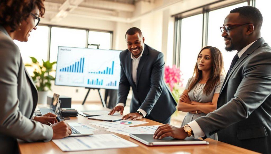 A focused image showcasing the key factors for enhancing appeal success in a professional setting. In the foreground, a diverse group of three professionals, a woman and two men, dressed in smart business attire, are engaged in a discussion around a table covered with documents and a laptop. The middle ground features charts and graphs on a screen, symbolizing analytics. In the background, a bright, modern office with large windows allowing natural light to flood in, creating a positive and hopeful atmosphere. The overall mood should convey collaboration and motivation, with warm lighting highlighting the subjects. The camera angle is slightly elevated, capturing all elements harmoniously while emphasizing the professionals’ expressions of determination and focus. A focused image showcasing the key factors for enhancing appeal success in a professional setting. In the foreground, a diverse group of three professionals, a woman and two men, dressed in smart business attire, are engaged in a discussion around a table covered with documents and a laptop. The middle ground features charts and graphs on a screen, symbolizing analytics. In the background, a bright, modern office with large windows allowing natural light to flood in, creating a positive and hopeful atmosphere. The overall mood should convey collaboration and motivation, with warm lighting highlighting the subjects. The camera angle is slightly elevated, capturing all elements harmoniously while emphasizing the professionals’ expressions of determination and focus.