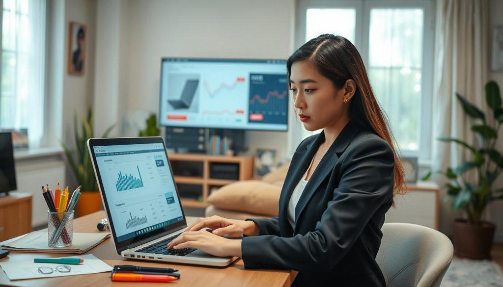 A focused scene depicting a beginner seller on Shopee analyzing their product listing on a laptop. In the foreground, there is a young Asian woman in professional business attire, intently looking at the screen, surrounded by charts and graphs showing fluctuating sales data. In the middle, the laptop displays a product page featuring empty cart icons and red notifications, emphasizing the theme of low sales. The background features a cozy home office, with a large window allowing soft, natural light to illuminate the scene, enhancing the feeling of contemplation and concern. The overall mood is one of determination, as the seller seeks solutions, surrounded by elements symbolizing analysis and e-commerce strategy, like notepads, colorful markers, and a potted plant for a touch of warmth. A focused scene depicting a beginner seller on Shopee analyzing their product listing on a laptop. In the foreground, there is a young Asian woman in professional business attire, intently looking at the screen, surrounded by charts and graphs showing fluctuating sales data. In the middle, the laptop displays a product page featuring empty cart icons and red notifications, emphasizing the theme of low sales. The background features a cozy home office, with a large window allowing soft, natural light to illuminate the scene, enhancing the feeling of contemplation and concern. The overall mood is one of determination, as the seller seeks solutions, surrounded by elements symbolizing analysis and e-commerce strategy, like notepads, colorful markers, and a potted plant for a touch of warmth.