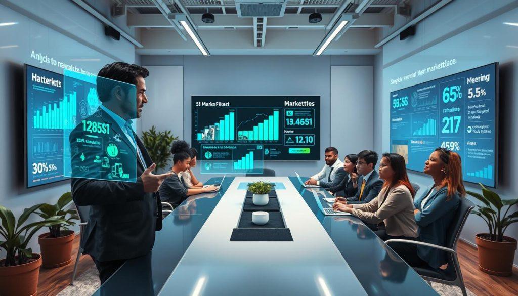 A futuristic analysis meeting showcasing a vibrant interpretation of market opportunities in a saturated digital marketplace. In the foreground, an executive in professional attire points at a holographic display of market data, with visual graphs and insights glowing in blue and green hues. The middle ground features a sleek modern conference table surrounded by diverse professionals engaged in discussion, their expressions thoughtful and optimistic. In the background, large screens display statistics and trends related to Shopee’s revenue-sharing model, complemented by potted plants adding a touch of nature to the corporate environment. The lighting is bright and focused, creating an atmosphere of innovation and collaboration, while a wide-angle perspective enhances the depth of the scene. A futuristic analysis meeting showcasing a vibrant interpretation of market opportunities in a saturated digital marketplace. In the foreground, an executive in professional attire points at a holographic display of market data, with visual graphs and insights glowing in blue and green hues. The middle ground features a sleek modern conference table surrounded by diverse professionals engaged in discussion, their expressions thoughtful and optimistic. In the background, large screens display statistics and trends related to Shopee’s revenue-sharing model, complemented by potted plants adding a touch of nature to the corporate environment. The lighting is bright and focused, creating an atmosphere of innovation and collaboration, while a wide-angle perspective enhances the depth of the scene.