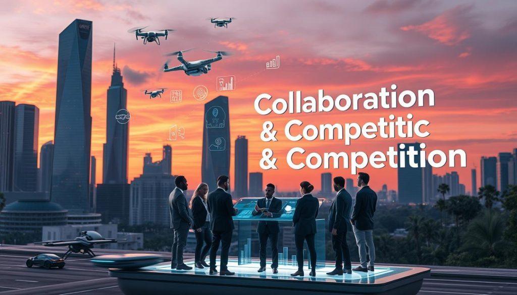 A futuristic city skyline at dusk, where innovative skyscrapers made of glass and steel tower against a vibrant orange and purple sky. In the foreground, a diverse group of professionals in business attire convenes around a holographic table, discussing strategies with digital blueprints and graphs floating above. The middle ground features drone delivery systems and autonomous vehicles navigating the streets, symbolizing technological advancement. In the background, a large illuminated sign reads "Collaboration & Competition," reflecting the theme of teamwork in an evolving landscape. Soft lighting casts dynamic shadows, creating an atmosphere of optimism and forward-thinking. The composition captures a blend of cooperation and competitive spirit, embodying the future potential of industries coming together. A futuristic city skyline at dusk, where innovative skyscrapers made of glass and steel tower against a vibrant orange and purple sky. In the foreground, a diverse group of professionals in business attire convenes around a holographic table, discussing strategies with digital blueprints and graphs floating above. The middle ground features drone delivery systems and autonomous vehicles navigating the streets, symbolizing technological advancement. In the background, a large illuminated sign reads "Collaboration & Competition," reflecting the theme of teamwork in an evolving landscape. Soft lighting casts dynamic shadows, creating an atmosphere of optimism and forward-thinking. The composition captures a blend of cooperation and competitive spirit, embodying the future potential of industries coming together.