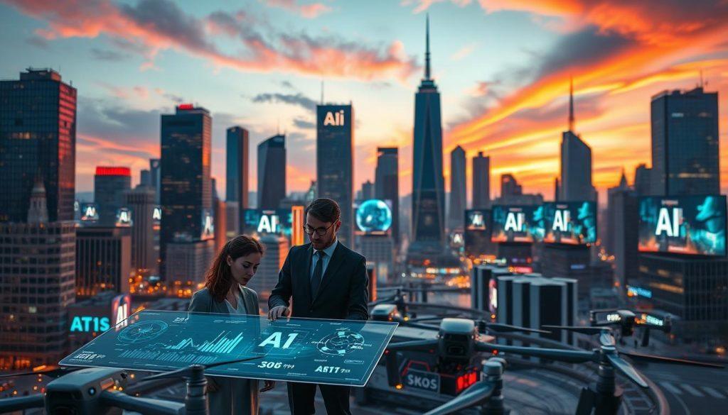 A futuristic cityscape symbolizing the advancement of artificial intelligence, showcasing a blend of modern skyscrapers and high-tech infrastructure. In the foreground, diverse professionals in business attire collaborate around a digital touchscreen display, analyzing data trends related to AI market developments. The middle ground features drones and smart vehicles navigating seamlessly through the urban environment, emphasizing AI integration. The background presents a skyline with illuminated billboards displaying AI concepts, under a twilight sky with vibrant hues of orange and purple. The lighting is dynamic, casting sharp contrasts and highlights, creating a sense of excitement and innovation. This image should evoke a forward-thinking atmosphere, reflecting the synergy between market trends and AI evolution. A futuristic cityscape symbolizing the advancement of artificial intelligence, showcasing a blend of modern skyscrapers and high-tech infrastructure. In the foreground, diverse professionals in business attire collaborate around a digital touchscreen display, analyzing data trends related to AI market developments. The middle ground features drones and smart vehicles navigating seamlessly through the urban environment, emphasizing AI integration. The background presents a skyline with illuminated billboards displaying AI concepts, under a twilight sky with vibrant hues of orange and purple. The lighting is dynamic, casting sharp contrasts and highlights, creating a sense of excitement and innovation. This image should evoke a forward-thinking atmosphere, reflecting the synergy between market trends and AI evolution.
