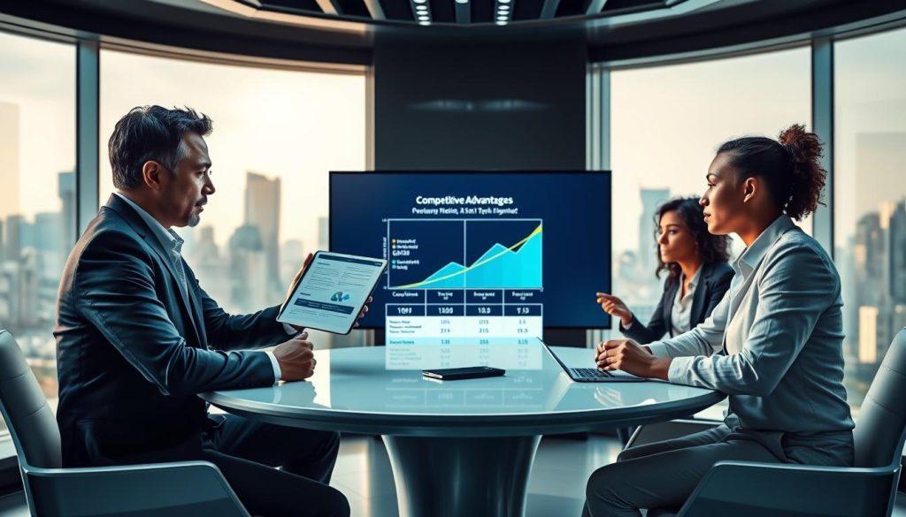 A futuristic conference room set against a sleek office skyline, featuring a modern round table at the center. In the foreground, two diverse business professionals are engaged in a spirited debate; one is analyzing a digital chart displaying competitive advantages, while the other offers insights based on data. They are dressed in professional business attire, showcasing determination and intellect. The middle ground includes a large screen displaying a graph with comparisons of various AI systems, emphasizing their strengths and weaknesses. The background shows large windows with a cityscape view, illuminated by soft, natural daylight that casts a warm glow over the setting. The atmosphere is one of serious analysis and healthy competition, capturing the essence of tech rivalry in a dynamic environment. A futuristic conference room set against a sleek office skyline, featuring a modern round table at the center. In the foreground, two diverse business professionals are engaged in a spirited debate; one is analyzing a digital chart displaying competitive advantages, while the other offers insights based on data. They are dressed in professional business attire, showcasing determination and intellect. The middle ground includes a large screen displaying a graph with comparisons of various AI systems, emphasizing their strengths and weaknesses. The background shows large windows with a cityscape view, illuminated by soft, natural daylight that casts a warm glow over the setting. The atmosphere is one of serious analysis and healthy competition, capturing the essence of tech rivalry in a dynamic environment.