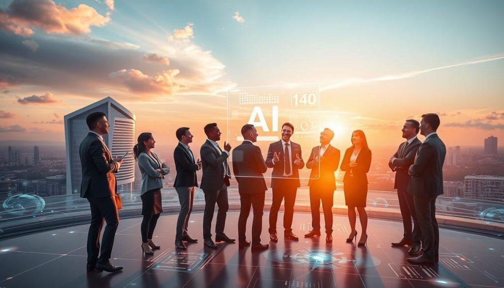 A futuristic digital landscape representing the development of artificial intelligence. In the foreground, a diverse group of professionals in business attire are engaged in an animated discussion around a holographic display showcasing AI algorithms and data. The middle ground features sleek, modern buildings with dynamic light patterns symbolizing technological advancement. The background contains a serene skyline, with soft clouds and a radiant sunset, creating an atmosphere of hope and innovation. The lighting is warm, highlighting the enthusiasm of the figures and the clarity of the hologram. Use a wide-angle perspective to capture the expansive scene, emphasizing the theme of progress in AI development. A futuristic digital landscape representing the development of artificial intelligence. In the foreground, a diverse group of professionals in business attire are engaged in an animated discussion around a holographic display showcasing AI algorithms and data. The middle ground features sleek, modern buildings with dynamic light patterns symbolizing technological advancement. The background contains a serene skyline, with soft clouds and a radiant sunset, creating an atmosphere of hope and innovation. The lighting is warm, highlighting the enthusiasm of the figures and the clarity of the hologram. Use a wide-angle perspective to capture the expansive scene, emphasizing the theme of progress in AI development.