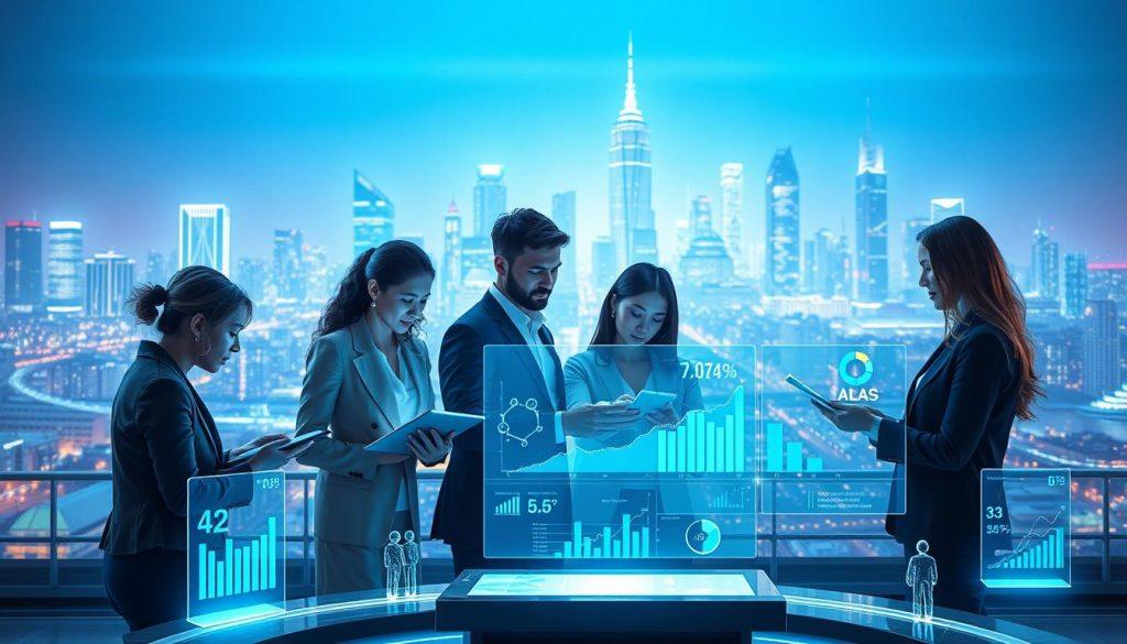 A futuristic digital landscape showcasing the integration of technology and artificial intelligence within an online platform. In the foreground, a diverse team of professionals in business attire is collaborating over interactive digital devices displaying analytics and data visualizations. The middle layer features sleek, transparent holograms of graphs, charts, and algorithmic models symbolizing platform optimization and innovation. In the background, a vibrant city skyline represents the bustling e-commerce environment, illuminated by a blue and green color palette conveying a sense of progress and technological advancement. The scene is illuminated by soft, ambient lighting, creating a modern and optimistic atmosphere, viewed from a slightly elevated angle to encompass the dynamic interaction and the high-tech urban backdrop. A futuristic digital landscape showcasing the integration of technology and artificial intelligence within an online platform. In the foreground, a diverse team of professionals in business attire is collaborating over interactive digital devices displaying analytics and data visualizations. The middle layer features sleek, transparent holograms of graphs, charts, and algorithmic models symbolizing platform optimization and innovation. In the background, a vibrant city skyline represents the bustling e-commerce environment, illuminated by a blue and green color palette conveying a sense of progress and technological advancement. The scene is illuminated by soft, ambient lighting, creating a modern and optimistic atmosphere, viewed from a slightly elevated angle to encompass the dynamic interaction and the high-tech urban backdrop.