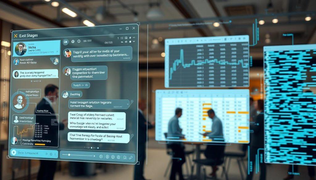 A futuristic, high-tech interface displaying a complex chat window juxtaposed with an Excel spreadsheet. In the foreground, highlight a sleek, transparent touchscreen with data visualizations and AI elements, showing real-time interactions and challenges of integration. The middle ground should portray a collaborative workspace environment, featuring professionals in business attire, engaged in discussions, surrounded by holographic displays of data flows and communication. The background should reflect a modern office with soft lighting, emphasizing a blend of innovation and complexity. Use a cinematic angle to create depth, focusing on the contrast between the digital chat interface and the structured spreadsheet, conveying a sense of challenge and innovation in AI technology. A futuristic, high-tech interface displaying a complex chat window juxtaposed with an Excel spreadsheet. In the foreground, highlight a sleek, transparent touchscreen with data visualizations and AI elements, showing real-time interactions and challenges of integration. The middle ground should portray a collaborative workspace environment, featuring professionals in business attire, engaged in discussions, surrounded by holographic displays of data flows and communication. The background should reflect a modern office with soft lighting, emphasizing a blend of innovation and complexity. Use a cinematic angle to create depth, focusing on the contrast between the digital chat interface and the structured spreadsheet, conveying a sense of challenge and innovation in AI technology.