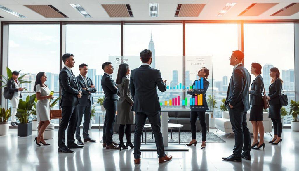 A futuristic market analysis scene depicting the growth potential of Shopee in Taiwan. In the foreground, a diverse group of professional individuals in smart business attire is gathered around a sleek digital display showcasing vibrant graphs and charts representing market trends and projections. In the middle, a modern office environment with large windows shows a bright, optimistic atmosphere, filled with plants and contemporary furniture. The background features a city skyline of Taipei, symbolizing economic growth and innovation. The lighting is bright and inviting, with a soft-focus effect to create an inspirational mood. The camera angle is slightly elevated, providing a comprehensive view of the scene, emphasizing collaboration and forward-thinking in a dynamic market space. A futuristic market analysis scene depicting the growth potential of Shopee in Taiwan. In the foreground, a diverse group of professional individuals in smart business attire is gathered around a sleek digital display showcasing vibrant graphs and charts representing market trends and projections. In the middle, a modern office environment with large windows shows a bright, optimistic atmosphere, filled with plants and contemporary furniture. The background features a city skyline of Taipei, symbolizing economic growth and innovation. The lighting is bright and inviting, with a soft-focus effect to create an inspirational mood. The camera angle is slightly elevated, providing a comprehensive view of the scene, emphasizing collaboration and forward-thinking in a dynamic market space.
