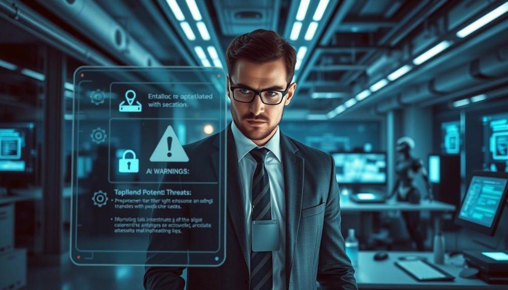 A futuristic office environment dominated by advanced AI technology, illustrating the concept of AI security risks. In the foreground, a sleek, transparent digital interface displays warning symbols and data analytics regarding potential threats. The middle ground features a focused professional, dressed in business attire, analyzing the interface with a concerned expression, symbolizing the human element grappling with AI control. The background reveals a high-tech workspace with glowing screens and robotic elements, bathed in cool blue and gray tones to convey a sense of caution and alertness. Soft ambient lighting enhances the atmosphere of unease, while sharp angles in the composition highlight the tension between human oversight and AI autonomy. A futuristic office environment dominated by advanced AI technology, illustrating the concept of AI security risks. In the foreground, a sleek, transparent digital interface displays warning symbols and data analytics regarding potential threats. The middle ground features a focused professional, dressed in business attire, analyzing the interface with a concerned expression, symbolizing the human element grappling with AI control. The background reveals a high-tech workspace with glowing screens and robotic elements, bathed in cool blue and gray tones to convey a sense of caution and alertness. Soft ambient lighting enhances the atmosphere of unease, while sharp angles in the composition highlight the tension between human oversight and AI autonomy.