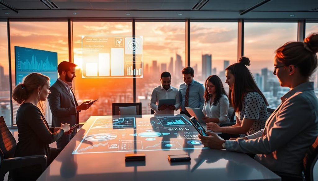 A futuristic office environment illustrating AI communication, focusing on a diverse group of professionals in smart casual attire engaged in a collaborative discussion around a sleek table. In the foreground, a holographic display projects data visualizations, AI-generated insights, and digital charts. The middle ground shows individuals interacting with tablets and laptops, exchanging ideas and reacting to visual prompts. In the background, large windows reveal a city skyline bathed in warm sunset hues, blending a sense of optimism and innovation. The lighting is bright yet soft, creating a welcoming atmosphere. Use a wide-angle lens to capture the dynamic interactions and the vibrant energy of the scene, emphasizing the transformative impact of AI on everyday communication. A futuristic office environment illustrating AI communication, focusing on a diverse group of professionals in smart casual attire engaged in a collaborative discussion around a sleek table. In the foreground, a holographic display projects data visualizations, AI-generated insights, and digital charts. The middle ground shows individuals interacting with tablets and laptops, exchanging ideas and reacting to visual prompts. In the background, large windows reveal a city skyline bathed in warm sunset hues, blending a sense of optimism and innovation. The lighting is bright yet soft, creating a welcoming atmosphere. Use a wide-angle lens to capture the dynamic interactions and the vibrant energy of the scene, emphasizing the transformative impact of AI on everyday communication.