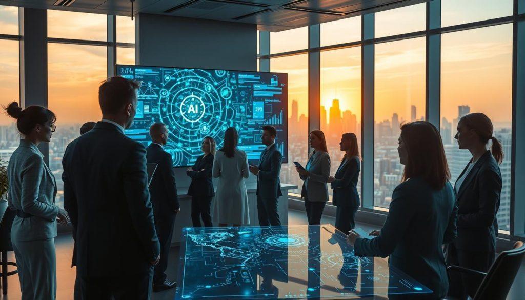 A futuristic office environment showcases the breakthrough of AI technology. In the foreground, a diverse group of professionals in smart business attire interact with sleek holographic interfaces displaying data and AI algorithms, demonstrating collaboration with intelligent agents. The middle ground features a large screen portraying complex visualizations of AI networks, glowing softly with blue and green lights. In the background, tall windows reveal a city skyline bathed in warm, golden light of sunset, symbolizing the dawn of a new era. The overall mood is one of innovation and optimism, with shafts of light illuminating the figures, creating a dynamic atmosphere that embodies the transition into the Agent era. A futuristic office environment showcases the breakthrough of AI technology. In the foreground, a diverse group of professionals in smart business attire interact with sleek holographic interfaces displaying data and AI algorithms, demonstrating collaboration with intelligent agents. The middle ground features a large screen portraying complex visualizations of AI networks, glowing softly with blue and green lights. In the background, tall windows reveal a city skyline bathed in warm, golden light of sunset, symbolizing the dawn of a new era. The overall mood is one of innovation and optimism, with shafts of light illuminating the figures, creating a dynamic atmosphere that embodies the transition into the Agent era.
