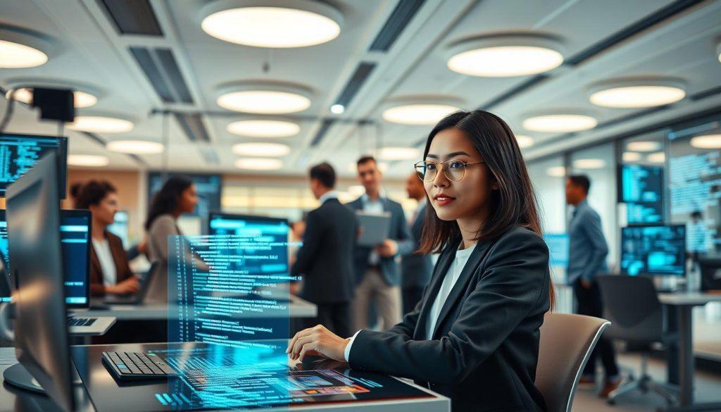A futuristic office environment showcasing the role of AI in automated programming. In the foreground, a diverse group of professionals; one is a woman of Asian descent in smart casual clothing, sitting at a sleek desk, interacting with a holographic interface displaying lines of code. In the middle, various screens show AI algorithms and coding patterns, seamlessly working alongside humans. The background features an open space with modern office decor, soft ambient lighting emanating from circular ceiling lights. The mood is collaborative and innovative, highlighting the integration of technology in programming. Capture the scene from a slightly elevated angle to emphasize the interaction between humans and AI, invoking a sense of progress and teamwork. A futuristic office environment showcasing the role of AI in automated programming. In the foreground, a diverse group of professionals; one is a woman of Asian descent in smart casual clothing, sitting at a sleek desk, interacting with a holographic interface displaying lines of code. In the middle, various screens show AI algorithms and coding patterns, seamlessly working alongside humans. The background features an open space with modern office decor, soft ambient lighting emanating from circular ceiling lights. The mood is collaborative and innovative, highlighting the integration of technology in programming. Capture the scene from a slightly elevated angle to emphasize the interaction between humans and AI, invoking a sense of progress and teamwork.