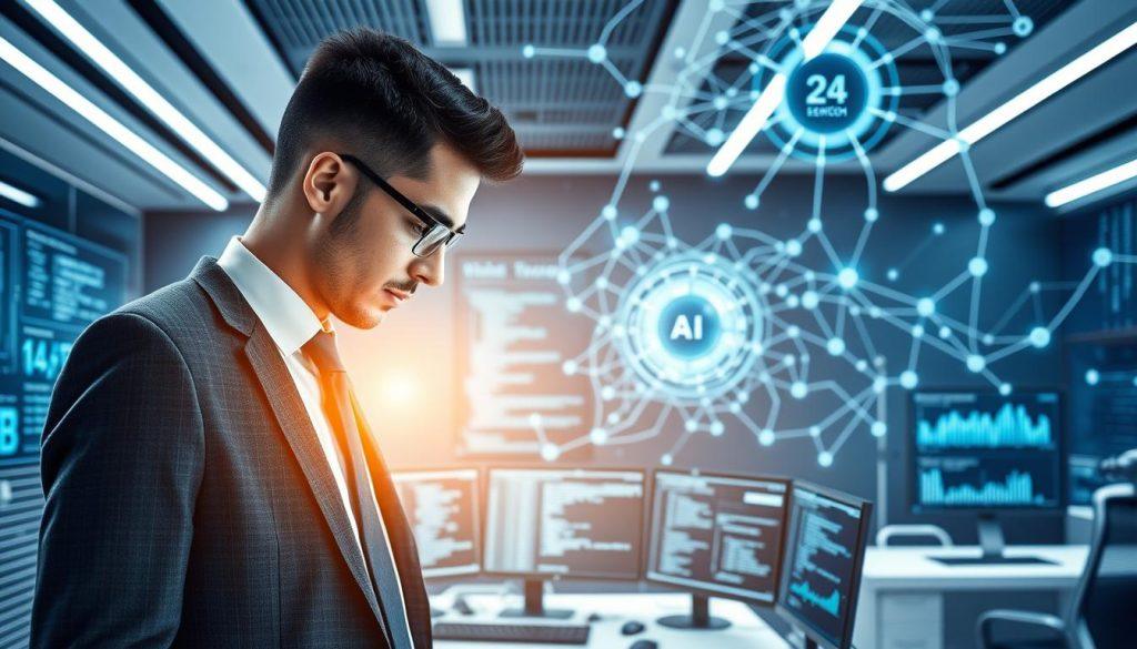 A futuristic office space showcasing the evolution of AI programming assessment. In the foreground, a professional individual dressed in smart business attire examines a holographic display of complex code and algorithms, with a look of contemplation and focus. The middle ground features a sleek workstation with multiple screens displaying data analytics and AI performance metrics related to SWE-bench. Background elements include an abstract, modern representation of artificial intelligence, with interconnected nodes and flowing lines symbolizing data progression. The lighting is bright and dynamic, creating a high-tech atmosphere that highlights innovation and advancement in AI technology. The image captures a sense of urgency and optimism about the future of programming assessments in the age of AI. A futuristic office space showcasing the evolution of AI programming assessment. In the foreground, a professional individual dressed in smart business attire examines a holographic display of complex code and algorithms, with a look of contemplation and focus. The middle ground features a sleek workstation with multiple screens displaying data analytics and AI performance metrics related to SWE-bench. Background elements include an abstract, modern representation of artificial intelligence, with interconnected nodes and flowing lines symbolizing data progression. The lighting is bright and dynamic, creating a high-tech atmosphere that highlights innovation and advancement in AI technology. The image captures a sense of urgency and optimism about the future of programming assessments in the age of AI.