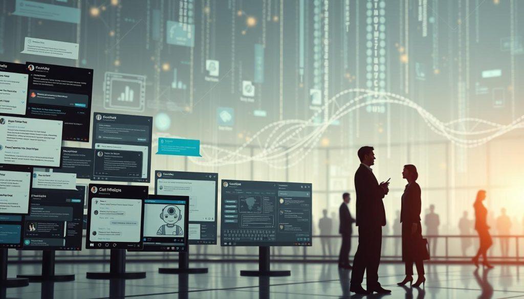 A futuristic visual representation of the evolution of chatbots, focusing on the transition from simple chat windows to complex AI interfaces. In the foreground, depict an array of diverse chat windows showcasing various stages of chatbot design, from early text-based bots to advanced AI systems with intricate user interfaces. In the middle ground, illustrate a seamless flow of data streams, symbolizing the progression of technology and interaction. In the background, incorporate silhouettes of human figures engaged in professional discussions, dressed in smart business attire, emphasizing collaboration with AI. Use soft, ambient lighting to create an innovative yet professional atmosphere, with a slight lens flare effect to give depth to the scene. The angle should be slightly tilted to enhance the dynamic feel of progression in technology. A futuristic visual representation of the evolution of chatbots, focusing on the transition from simple chat windows to complex AI interfaces. In the foreground, depict an array of diverse chat windows showcasing various stages of chatbot design, from early text-based bots to advanced AI systems with intricate user interfaces. In the middle ground, illustrate a seamless flow of data streams, symbolizing the progression of technology and interaction. In the background, incorporate silhouettes of human figures engaged in professional discussions, dressed in smart business attire, emphasizing collaboration with AI. Use soft, ambient lighting to create an innovative yet professional atmosphere, with a slight lens flare effect to give depth to the scene. The angle should be slightly tilted to enhance the dynamic feel of progression in technology.