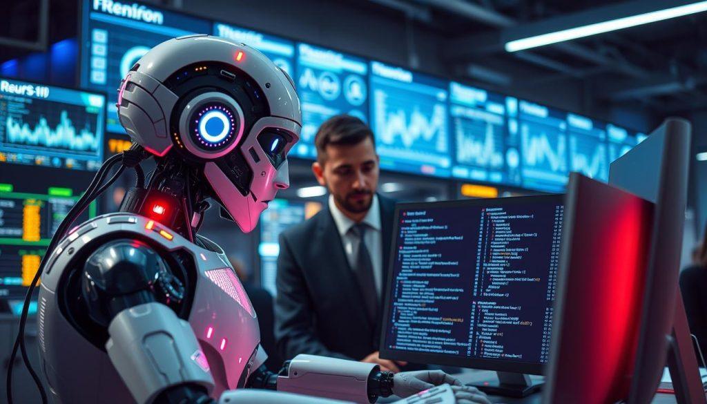 A futuristic workspace featuring a humanoid robot and a human software engineer collaborating on a computer screen displaying lines of code. In the foreground, focus on the robot, showcasing intricate circuitry and glowing elements, symbolizing advanced AI capabilities. The middle ground includes the human engineer, dressed in professional business attire, intently analyzing programming algorithms. In the background, a high-tech environment with digital interfaces, screens displaying data analytics, and a soft glow from LED lights creates a productive atmosphere. The lighting is bright and focused, highlighting the subjects while casting soft shadows, conveying a sense of innovation and teamwork. The overall mood is inspiring and optimistic, representing the synergy between AI and human intelligence in programming. A futuristic workspace featuring a humanoid robot and a human software engineer collaborating on a computer screen displaying lines of code. In the foreground, focus on the robot, showcasing intricate circuitry and glowing elements, symbolizing advanced AI capabilities. The middle ground includes the human engineer, dressed in professional business attire, intently analyzing programming algorithms. In the background, a high-tech environment with digital interfaces, screens displaying data analytics, and a soft glow from LED lights creates a productive atmosphere. The lighting is bright and focused, highlighting the subjects while casting soft shadows, conveying a sense of innovation and teamwork. The overall mood is inspiring and optimistic, representing the synergy between AI and human intelligence in programming.