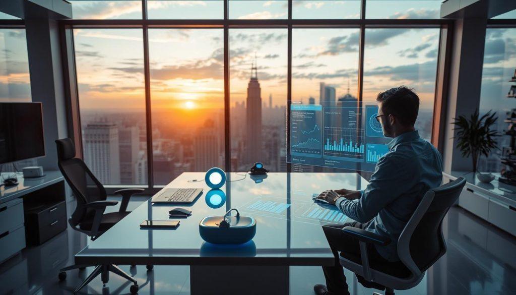 A futuristic workspace showcasing the concept of "Smart Work Assistance." In the foreground, a professional individual in business attire sits at a sleek desk, deeply focused on a holographic interface displaying data and analytics related to personal growth and autonomous agency. The middle ground features an ergonomic chair and various advanced gadgets, like a virtual assistant device glowing softly. In the background, large windows reveal a panoramic view of a modern city skyline under a sunset, casting warm golden light into the room, enhancing the atmosphere of productivity and innovation. The scene conveys a mood of inspiration and motivation, emphasizing the synergy between personal growth and technology in the context of autonomous agents. A futuristic workspace showcasing the concept of "Smart Work Assistance." In the foreground, a professional individual in business attire sits at a sleek desk, deeply focused on a holographic interface displaying data and analytics related to personal growth and autonomous agency. The middle ground features an ergonomic chair and various advanced gadgets, like a virtual assistant device glowing softly. In the background, large windows reveal a panoramic view of a modern city skyline under a sunset, casting warm golden light into the room, enhancing the atmosphere of productivity and innovation. The scene conveys a mood of inspiration and motivation, emphasizing the synergy between personal growth and technology in the context of autonomous agents.