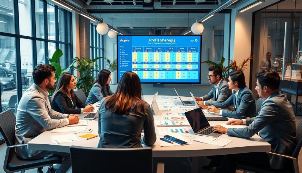 A high-energy, visually engaging scene depicting a strategic planning session for Shopee's promotional event, focused on profit-sharing strategies. In the foreground, a diverse group of professionals in smart business attire is gathered around a large conference table covered with charts, graphs, and laptops, deep in discussion. In the middle, a large screen displays key performance indicators and promotional schedules in bright colors, creating a dynamic focal point. The background features a modern office setting with glass walls, vibrant plants, and soft ambient lighting that conveys a sense of innovation and teamwork. The mood is focused and collaborative, emphasizing the anticipation of the upcoming promotional event. The image should highlight the importance of early planning in achieving success. A high-energy, visually engaging scene depicting a strategic planning session for Shopee's promotional event, focused on profit-sharing strategies. In the foreground, a diverse group of professionals in smart business attire is gathered around a large conference table covered with charts, graphs, and laptops, deep in discussion. In the middle, a large screen displays key performance indicators and promotional schedules in bright colors, creating a dynamic focal point. The background features a modern office setting with glass walls, vibrant plants, and soft ambient lighting that conveys a sense of innovation and teamwork. The mood is focused and collaborative, emphasizing the anticipation of the upcoming promotional event. The image should highlight the importance of early planning in achieving success.