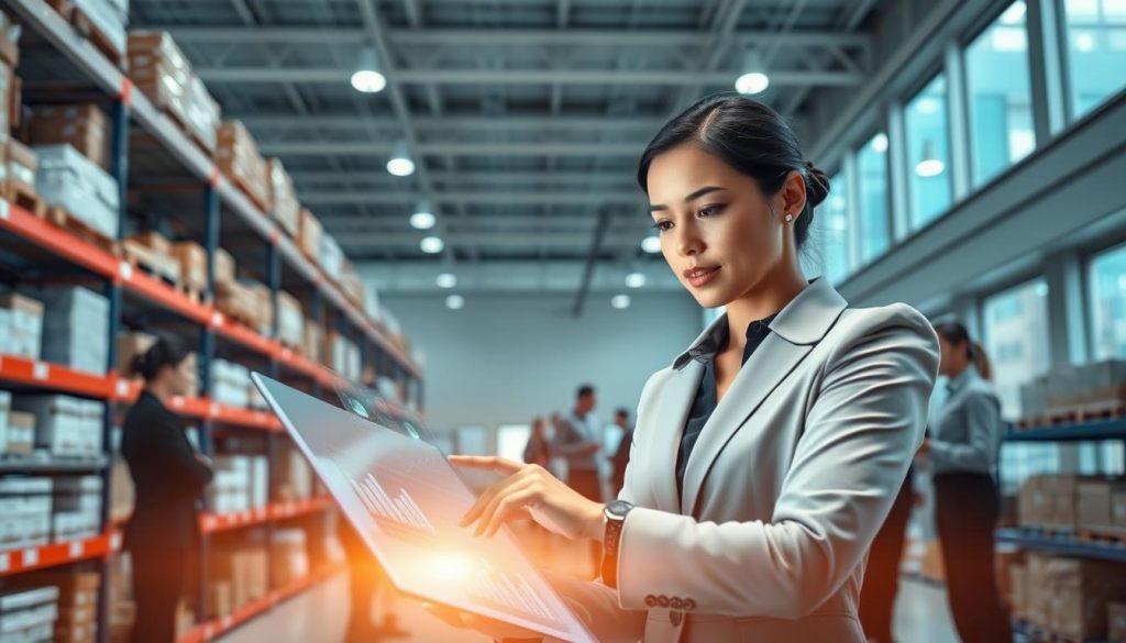 A high-tech inventory management system demonstration set in a bright, modern office environment. In the foreground, a professional businesswoman in smart attire interacts with a sleek, touchscreen interface displaying stock data and analytics. The middle layer features shelves with neatly organized products and digital displays showing real-time inventory levels. In the background, large windows allow natural light to flood the room, illuminating a bustling team engaged in discussions about supply chain challenges. Soft, ambient lighting enhances a focused yet tense atmosphere, reflecting the urgency of effective inventory management. The overall mood conveys professionalism and the critical importance of avoiding operational crises through proper stock control. A high-tech inventory management system demonstration set in a bright, modern office environment. In the foreground, a professional businesswoman in smart attire interacts with a sleek, touchscreen interface displaying stock data and analytics. The middle layer features shelves with neatly organized products and digital displays showing real-time inventory levels. In the background, large windows allow natural light to flood the room, illuminating a bustling team engaged in discussions about supply chain challenges. Soft, ambient lighting enhances a focused yet tense atmosphere, reflecting the urgency of effective inventory management. The overall mood conveys professionalism and the critical importance of avoiding operational crises through proper stock control.