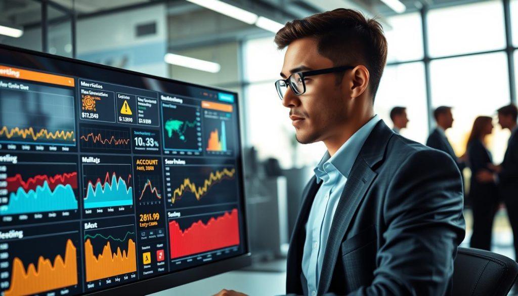A high-tech monitoring dashboard inside a modern office environment, showcasing various alert signals related to account suspensions. In the foreground, a sleek computer screen displays colorful graphs and warning icons representing potential red flags for account violations. The middle layer features a focused professional individual, wearing formal business attire, analyzing data on the screen with a thoughtful expression. In the background, blurred silhouettes of coworkers engaged in discussions add a sense of urgency. The lighting is bright and crisp, creating a professional atmosphere, with soft shadows emphasizing the screen's glow. The overall mood conveys a sense of vigilance and forewarning, highlighting the importance of monitoring account activities diligently. A high-tech monitoring dashboard inside a modern office environment, showcasing various alert signals related to account suspensions. In the foreground, a sleek computer screen displays colorful graphs and warning icons representing potential red flags for account violations. The middle layer features a focused professional individual, wearing formal business attire, analyzing data on the screen with a thoughtful expression. In the background, blurred silhouettes of coworkers engaged in discussions add a sense of urgency. The lighting is bright and crisp, creating a professional atmosphere, with soft shadows emphasizing the screen's glow. The overall mood conveys a sense of vigilance and forewarning, highlighting the importance of monitoring account activities diligently.