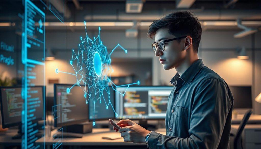 A junior software engineer, dressed in smart casual attire, interacts with a sleek, futuristic AI interface displayed on a transparent screen. In the foreground, the engineer demonstrates curiosity and concentration while coding in a modern, well-lit office environment. The middle background showcases a high-tech workstation filled with dual monitors and coding books, subtly highlighting the blend of human effort and technology. The AI, represented by abstract digital elements swirling around the engineer, radiates a blue glow, symbolizing intelligence and creativity. The mood is focused yet innovative, enhancing the feeling of collaboration between human and machine. Soft, ambient lighting adds warmth, contrasting with the cool tones of the AI elements, creating a harmonious atmosphere of progress and exploration. A junior software engineer, dressed in smart casual attire, interacts with a sleek, futuristic AI interface displayed on a transparent screen. In the foreground, the engineer demonstrates curiosity and concentration while coding in a modern, well-lit office environment. The middle background showcases a high-tech workstation filled with dual monitors and coding books, subtly highlighting the blend of human effort and technology. The AI, represented by abstract digital elements swirling around the engineer, radiates a blue glow, symbolizing intelligence and creativity. The mood is focused yet innovative, enhancing the feeling of collaboration between human and machine. Soft, ambient lighting adds warmth, contrasting with the cool tones of the AI elements, creating a harmonious atmosphere of progress and exploration.