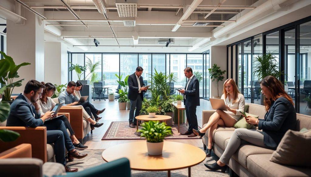 A modern coworking space named "Claude Cowork" featuring a sleek, open layout filled with comfortable, ergonomic furniture. In the foreground, a diverse group of professionals in business attire are engaged in collaborative discussions, using laptops and digital devices, embodying productivity. The middle ground showcases a cozy lounge area with greenery and natural light filtering through large windows, creating a warm and inviting atmosphere. In the background, glass partitions divide workspaces, offering glimpses of individuals focused on their tasks. The lighting is bright yet soft, emphasizing a productive yet relaxed mood. The image captures the essence of innovation and teamwork in a contemporary work environment, highlighting the balance between work and comfort. A modern coworking space named "Claude Cowork" featuring a sleek, open layout filled with comfortable, ergonomic furniture. In the foreground, a diverse group of professionals in business attire are engaged in collaborative discussions, using laptops and digital devices, embodying productivity. The middle ground showcases a cozy lounge area with greenery and natural light filtering through large windows, creating a warm and inviting atmosphere. In the background, glass partitions divide workspaces, offering glimpses of individuals focused on their tasks. The lighting is bright yet soft, emphasizing a productive yet relaxed mood. The image captures the essence of innovation and teamwork in a contemporary work environment, highlighting the balance between work and comfort.
