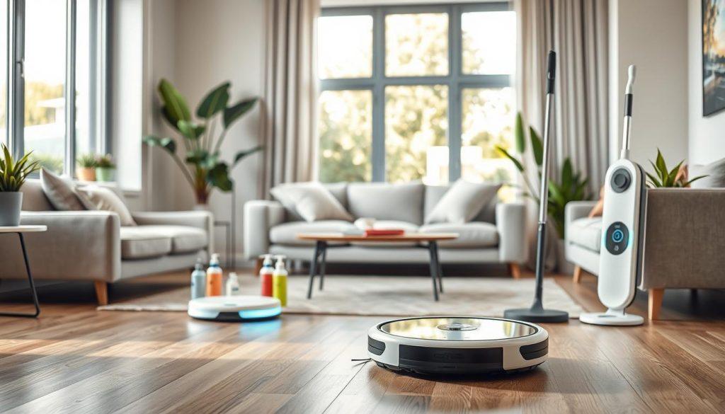 A modern living room showcasing a variety of smart home cleaning gadgets as best-sellers. In the foreground, feature a sleek robotic vacuum cleaner gliding effortlessly across the floor, with a bright, clean design. To the side, a compact smart mop with an illuminated control panel, surrounded by eco-friendly cleaning solutions. In the middle ground, highlight a charging station for the devices, and a window revealing a sunny exterior. The background should display stylish furniture and houseplants, contributing to an inviting atmosphere. Use soft, natural lighting to enhance the cozy feel of the space, shot from a slightly elevated angle to provide an overview of the items. Aim for a polished and innovative mood that reflects modern home living. A modern living room showcasing a variety of smart home cleaning gadgets as best-sellers. In the foreground, feature a sleek robotic vacuum cleaner gliding effortlessly across the floor, with a bright, clean design. To the side, a compact smart mop with an illuminated control panel, surrounded by eco-friendly cleaning solutions. In the middle ground, highlight a charging station for the devices, and a window revealing a sunny exterior. The background should display stylish furniture and houseplants, contributing to an inviting atmosphere. Use soft, natural lighting to enhance the cozy feel of the space, shot from a slightly elevated angle to provide an overview of the items. Aim for a polished and innovative mood that reflects modern home living.